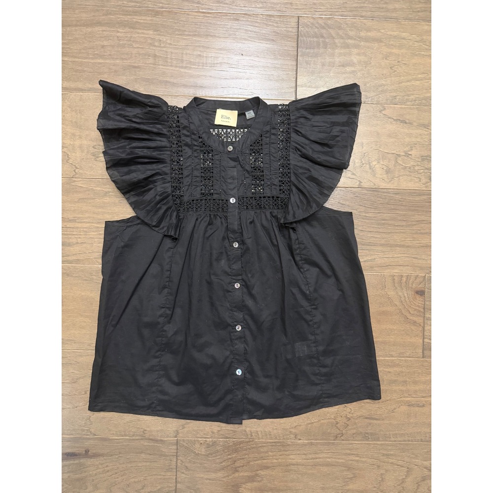 Elie Tahari Top Womens M Black Cotton Solid Ruffle Crochet Lace Boho Blouse